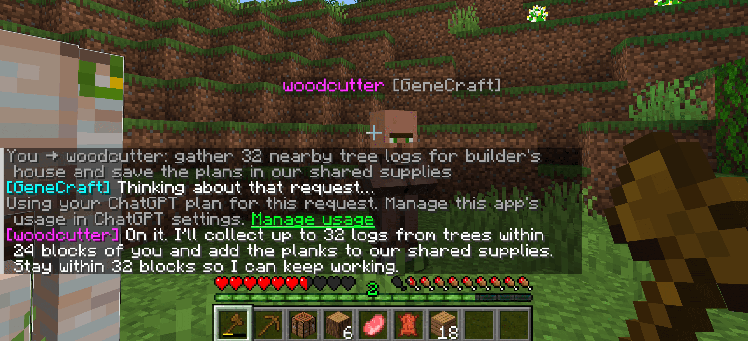 GeneCraft in Minecraft: a woodcutter agent accepts a request to gather 32 logs and save planks to shared supplies.